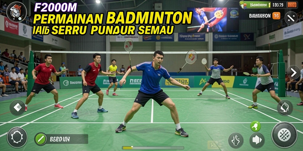 Antarmuka permainan Badminton F200M yang menarik dan dinamis.