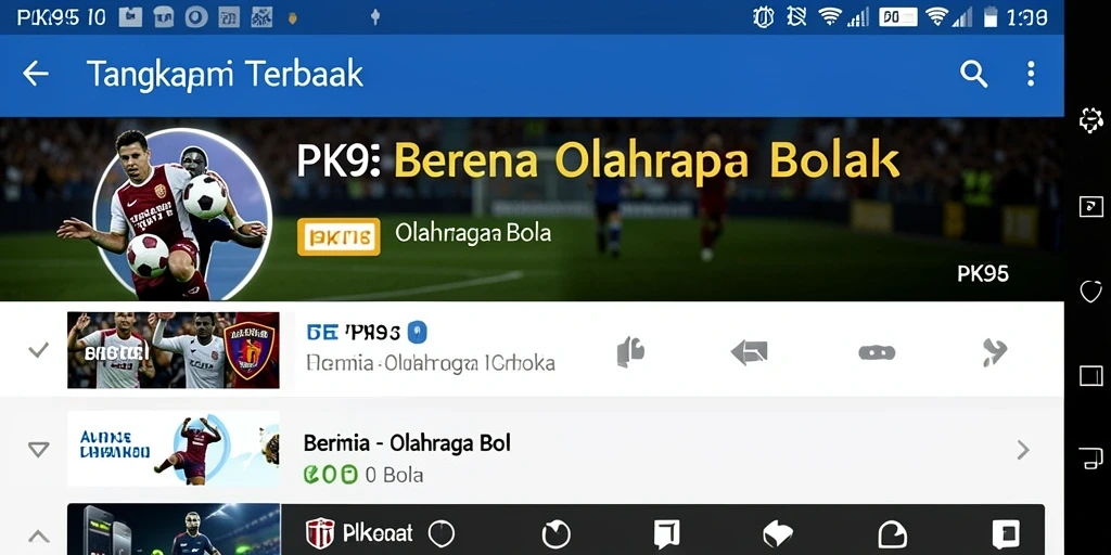 Tampilan antarmuka aplikasi PK95 dengan fitur berita olahraga bola.